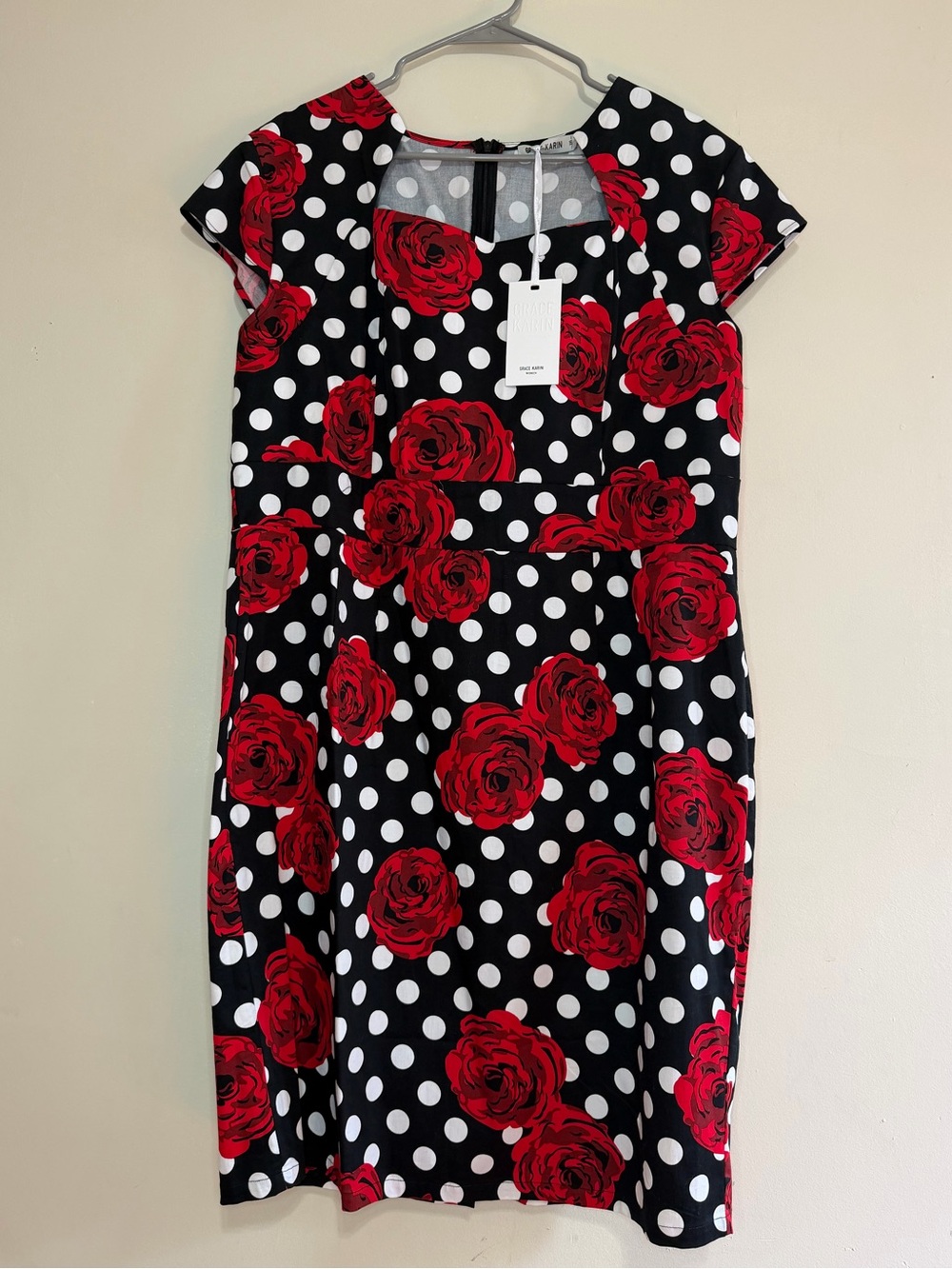 Grace Karin Black Midi Dress with Red Rose and White Polka Dot Print